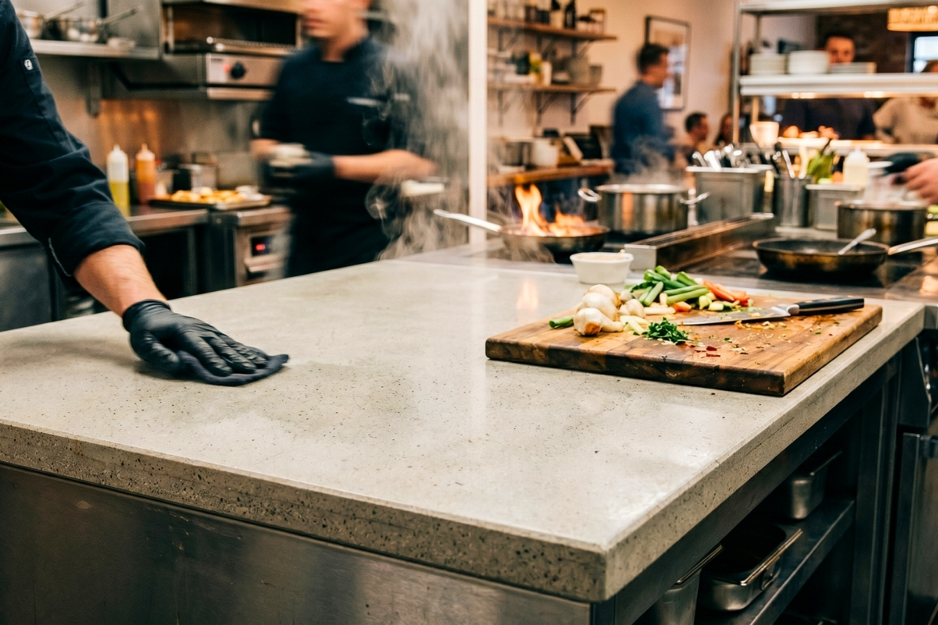 Professional chef cleaning a seamless solid surface countertop in a busy commercial kitchen; highlighting the hygienic, non-porous, and easy-to-sanitize properties of Marktec surfacing materials and adhesives.
