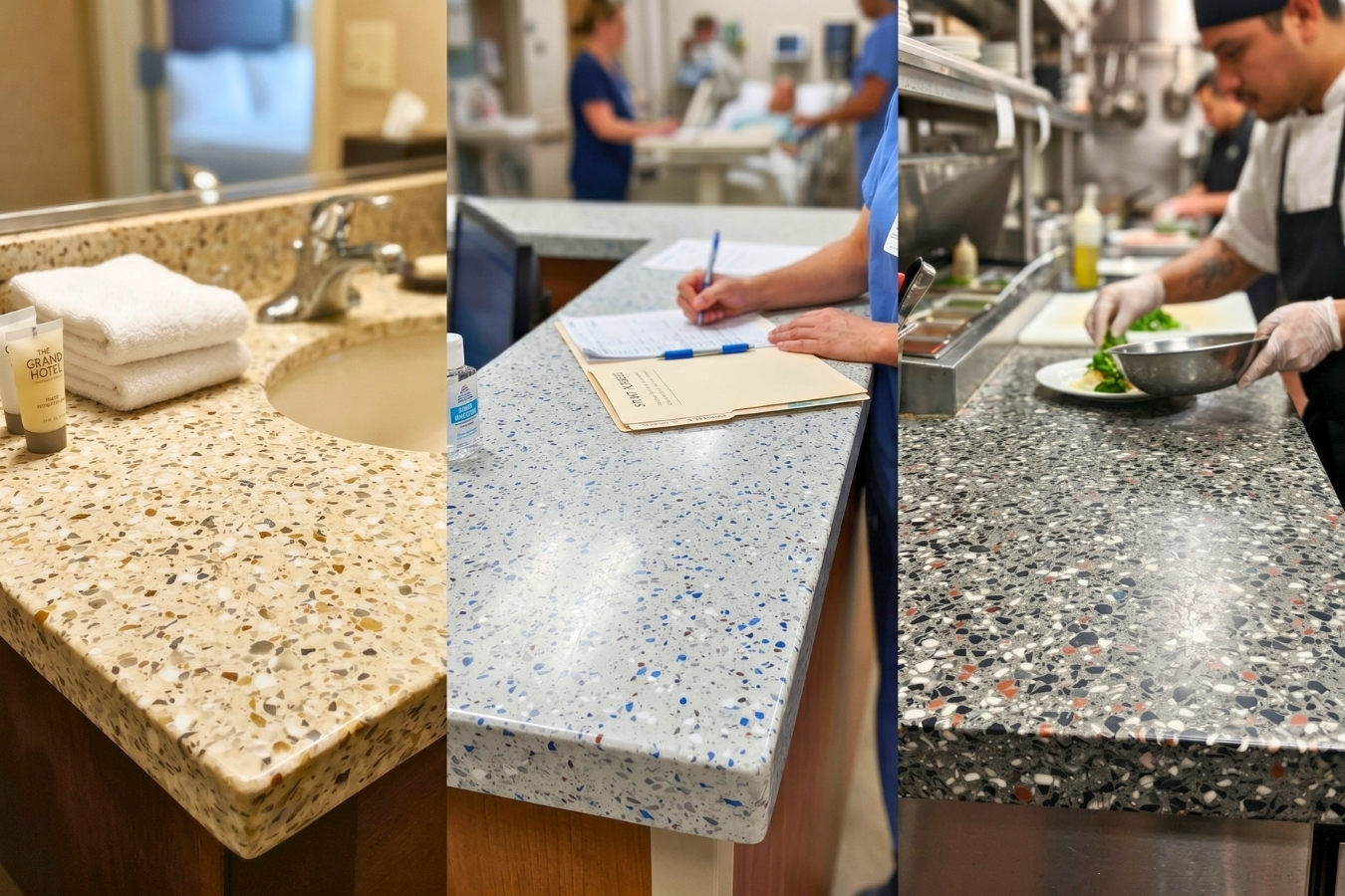 Composite commercial lifestyle image illustrating Marktec durable and hygienic surfacing solutions in a hotel bathroom, a hospital nurses' station, and a high-traffic restaurant kitchen; specializing in non-porous solid surfaces for demanding environments.