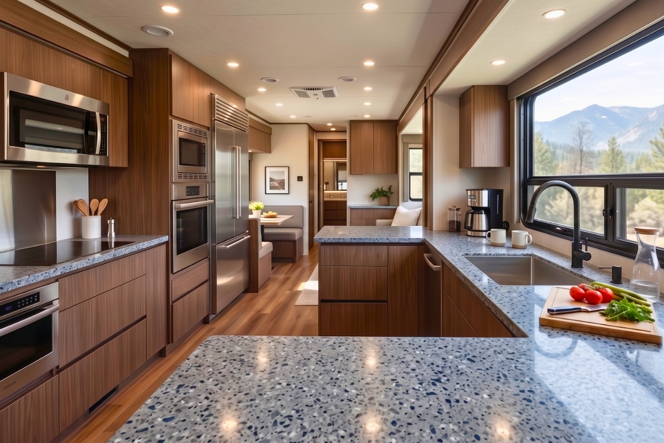 Luxury RV interior featuring a custom modern kitchen with expansive blue terrazzo solid surface countertops; Marktec provides the lightweight decorative chips and high-strength adhesives essential for mobile living fabrication.