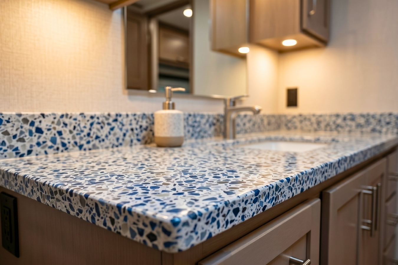 A high-end modern bathroom vanity featuring custom-fabricated blue terrazzo solid surface countertops; achieving a seamless backsplash and water-resistant finish with Marktec ZOTA adhesives and decorative chips.