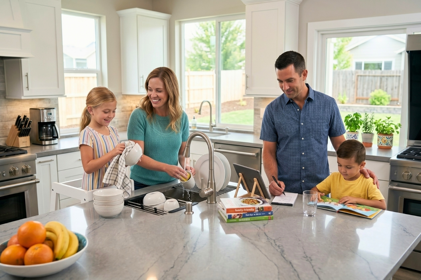 Happy family in a modern kitchen featuring durable grey quartz countertops manufactured with Marktec professional adhesives and decorative chips. Residential kitchen island with seamless stone surfaces; Marktec provides high-strength glues and chips for long-lasting kitchen and bathroom countertop manufacturing.