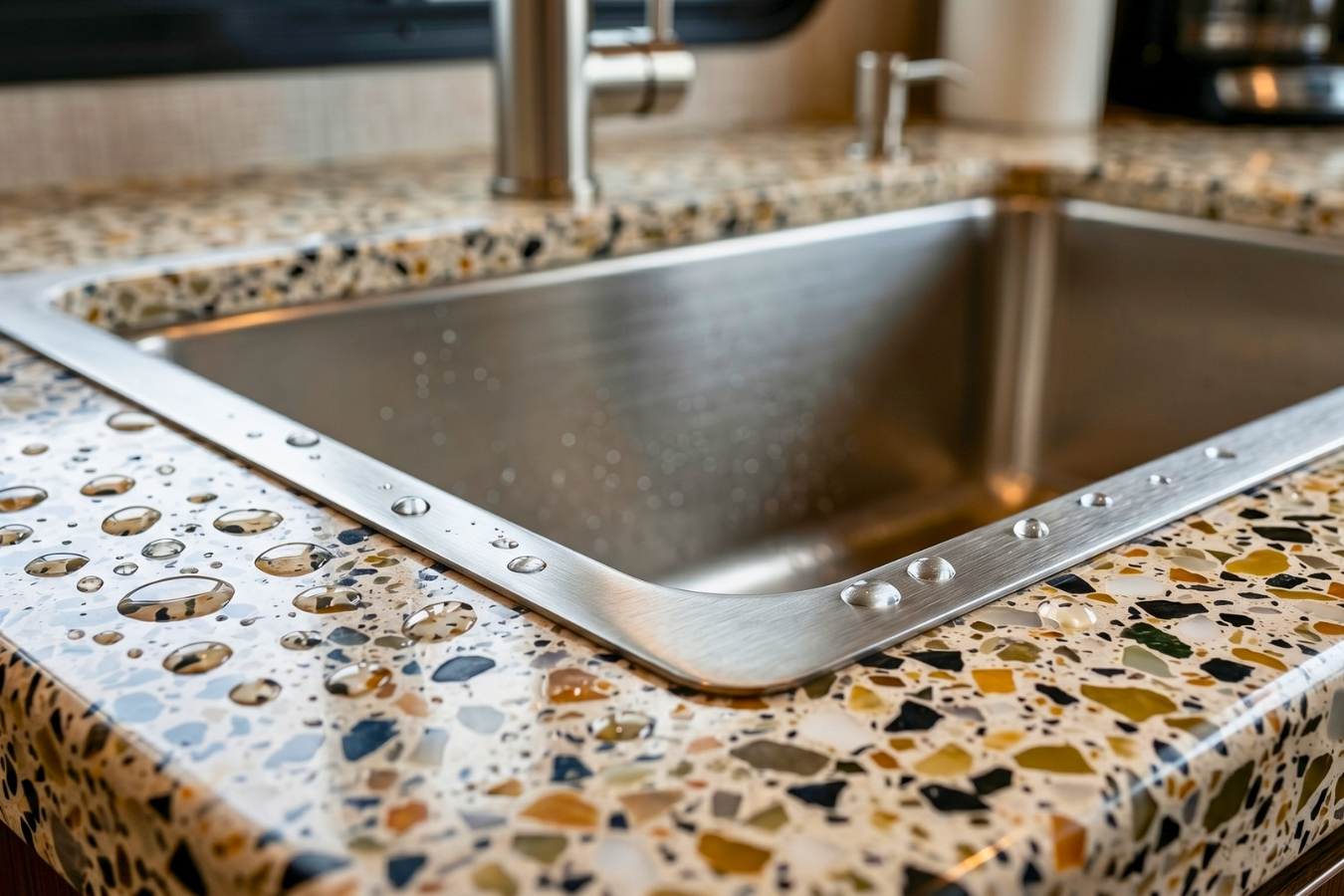 Custom RV kitchen countertop featuring a durable terrazzo-style solid surface and stainless steel sink; Marktec provides the specialized chips and water-resistant adhesives ideal for mobile and compact living spaces.