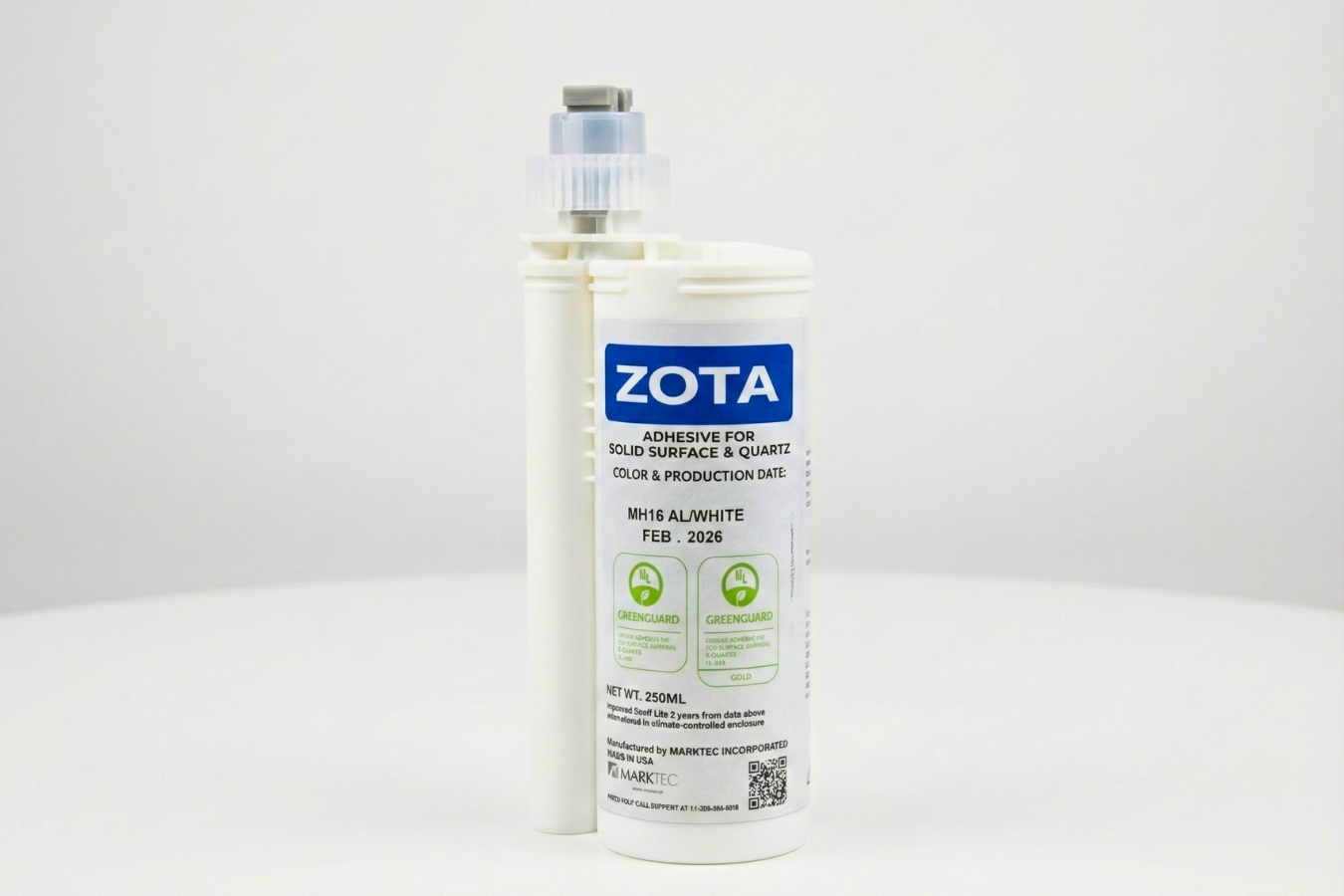 ZOTA 250ML adhesive cartridge for solid surface and quartz countertops; GREENGUARD certified, color-matched stone glue manufactured in the USA by Marktec Incorporated.