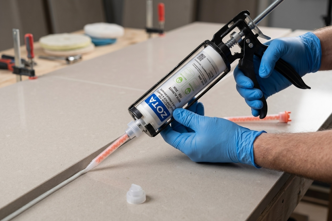 Technician applying ZOTA color-matched adhesive to a stone joint using a dual-component dispensing gun; Marktec professional bonding solutions for creating seamless countertop seams.