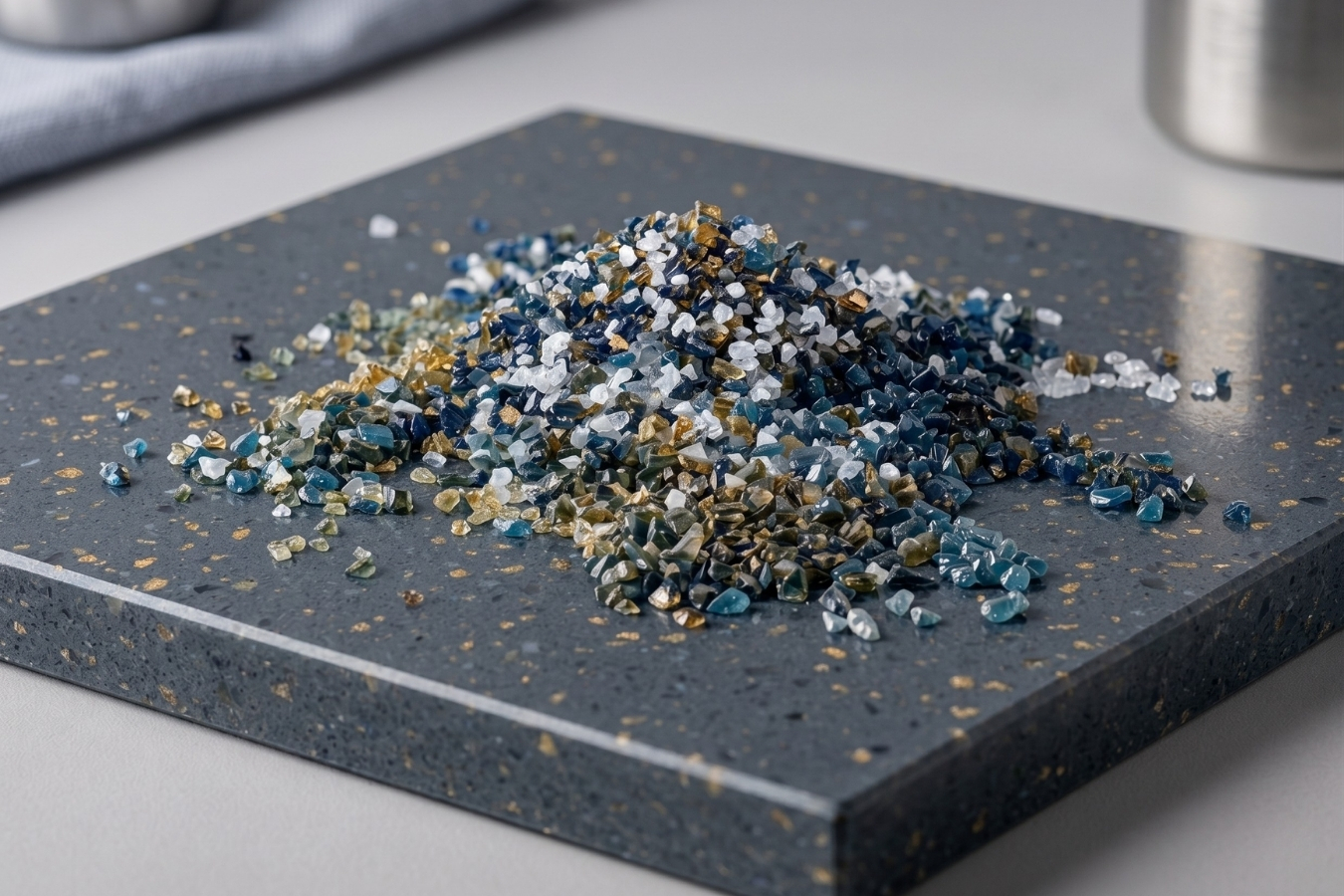 Custom navy and gold decorative aggregate chips for solid surface countertops; Marktec specializes in manufacturing unique stone chip blends for bespoke kitchen and bathroom surfacing.