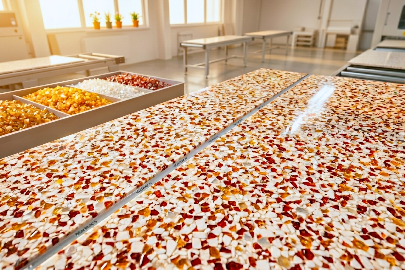 Inside the Marktec production facility: Decorative aggregate chips being applied to solid surface slabs on a professional manufacturing line for custom countertop production.