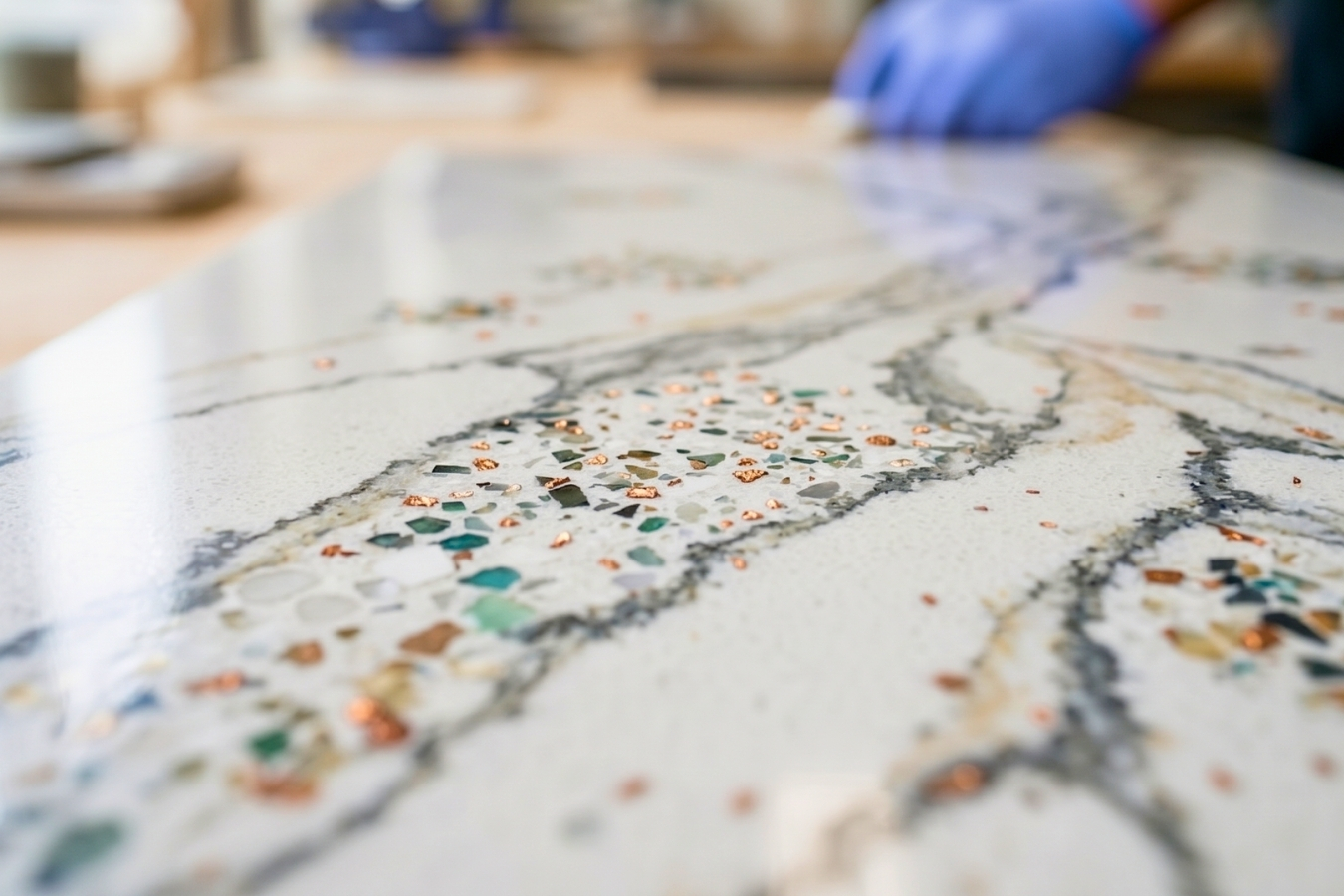Macro view of a custom solid surface countertop featuring Marktec decorative copper and green aggregate chips; a high-gloss, seamless finish manufactured with specialized color-matched adhesives.