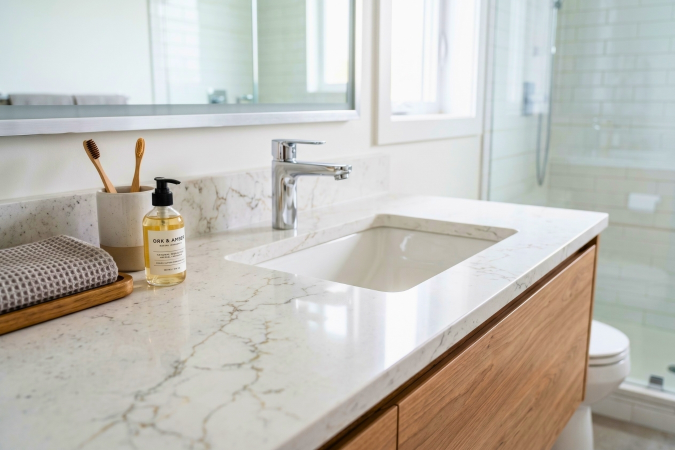 Modern bathroom vanity with a white veined quartz countertop and undermount sink; high-quality residential surfacing manufactured with Marktec color-matched adhesives for seamless seams and durability.