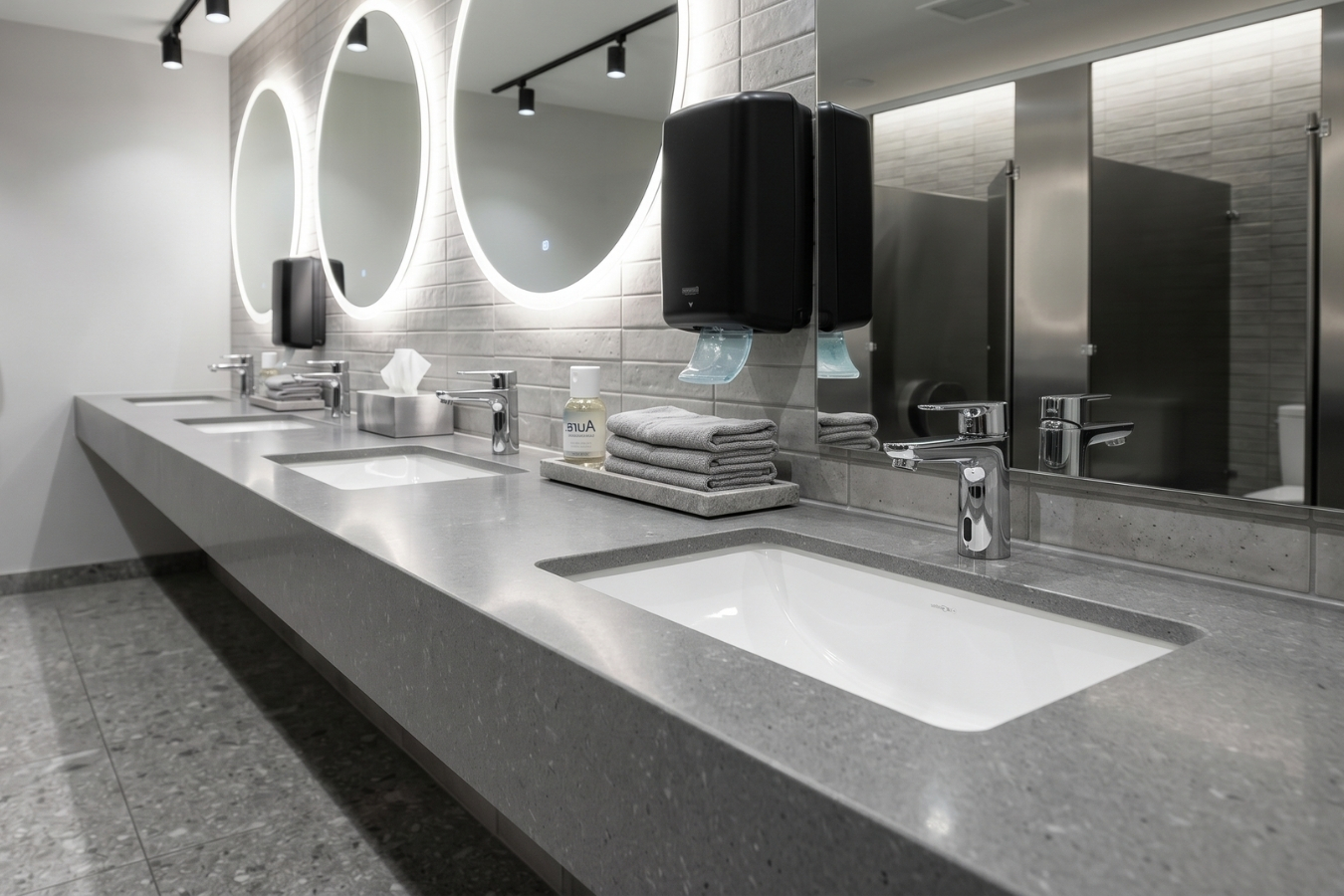 Long commercial bathroom vanity with multiple undermount sinks in a high-traffic hotel or hospital setting; non-porous solid surface countertop manufactured with Marktec hygienic adhesives and decorative chips.