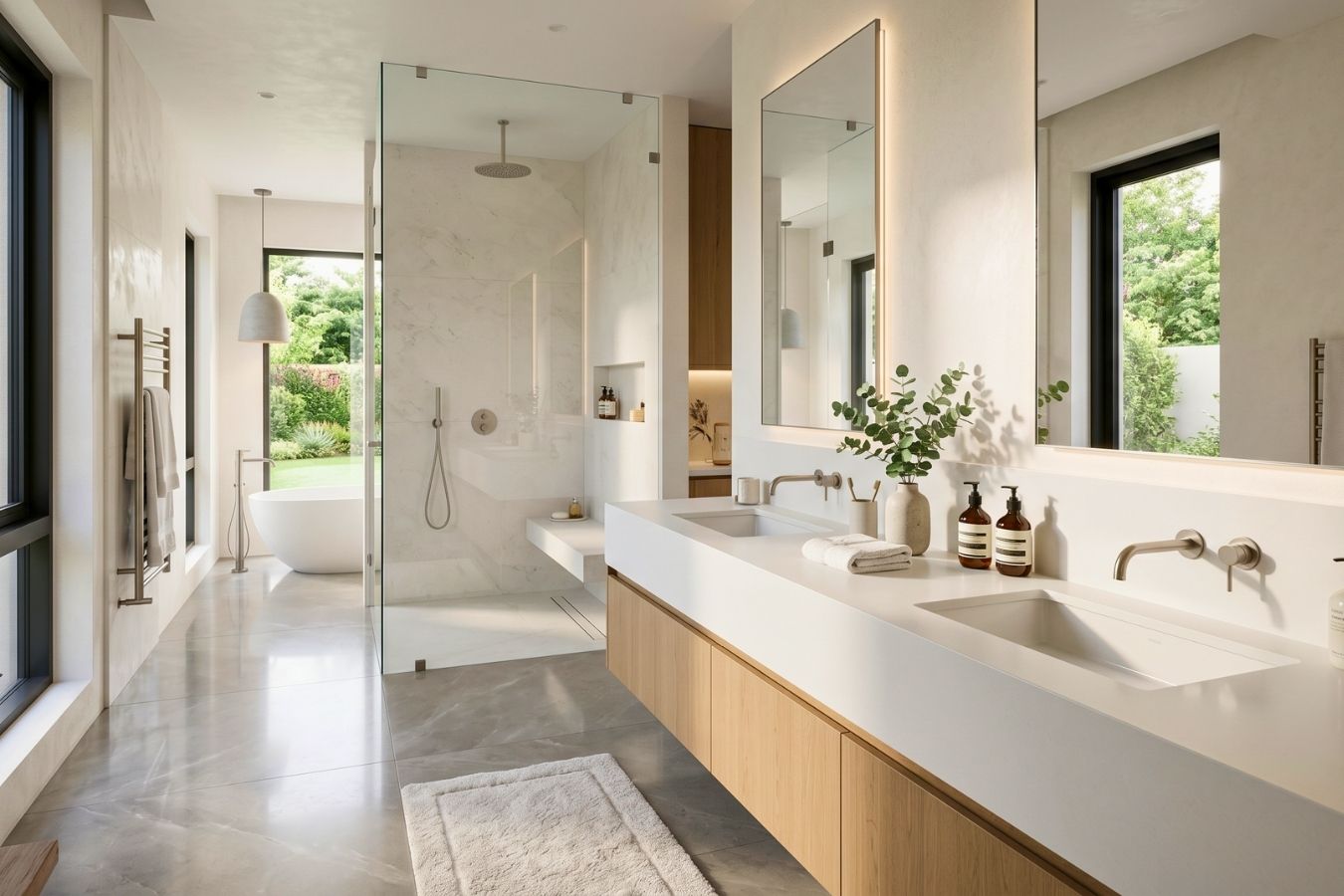 Luxury master bathroom featuring a long white solid surface vanity with integrated double sinks and a seamless stone shower bench; Marktec ZOTA adhesives enable flawless, waterproof joints for high-end residential spa designs.