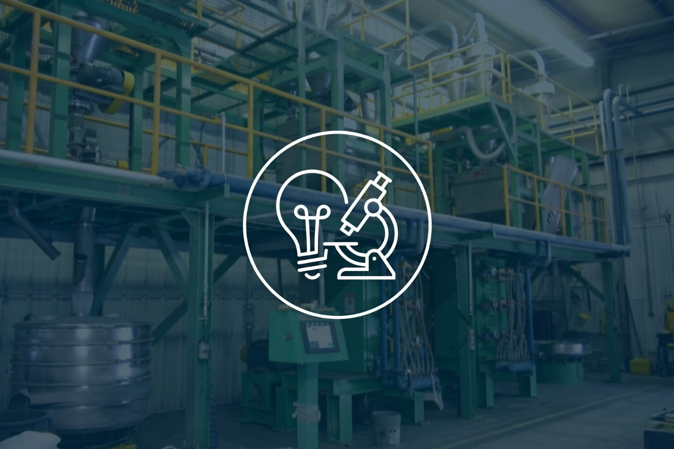Marktec advanced manufacturing facility background with innovation and research & development icon; a direct manufacturer combining research and industrial capability to produce high-performance countertop adhesives and decorative chips.