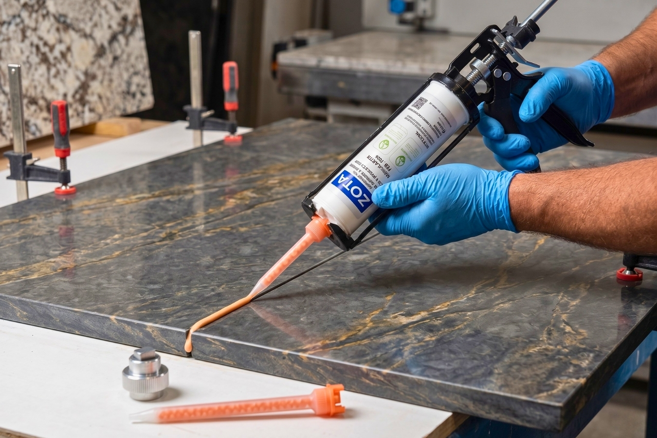 Professional countertop fabrication process using Marktec ZOTA adhesive; a technician uses a dual-component dispensing gun to bond mitered stone edges for a seamless finish.