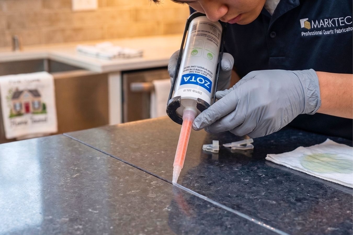 A professional quartz fabricator applying Marktec ZOTA adhesive to a dark stone countertop seam; utilizing a dual-component dispensing gun and static mixing nozzle for a high-precision, seamless bond.