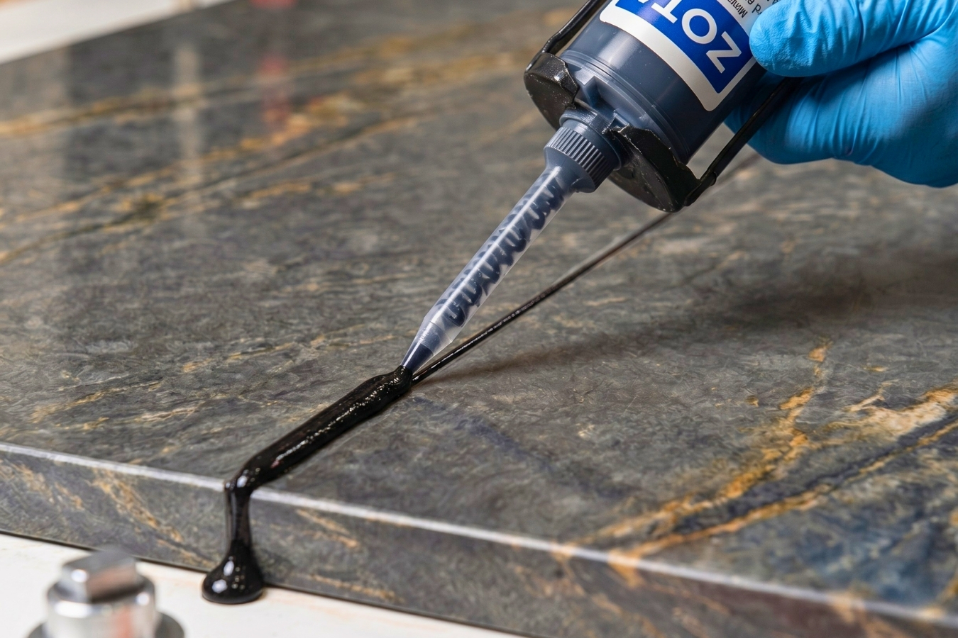 Applying black ZOTA adhesive to a luxury granite countertop; Marktec professional color-matched glue for seamless bonding on veined stone surfaces.