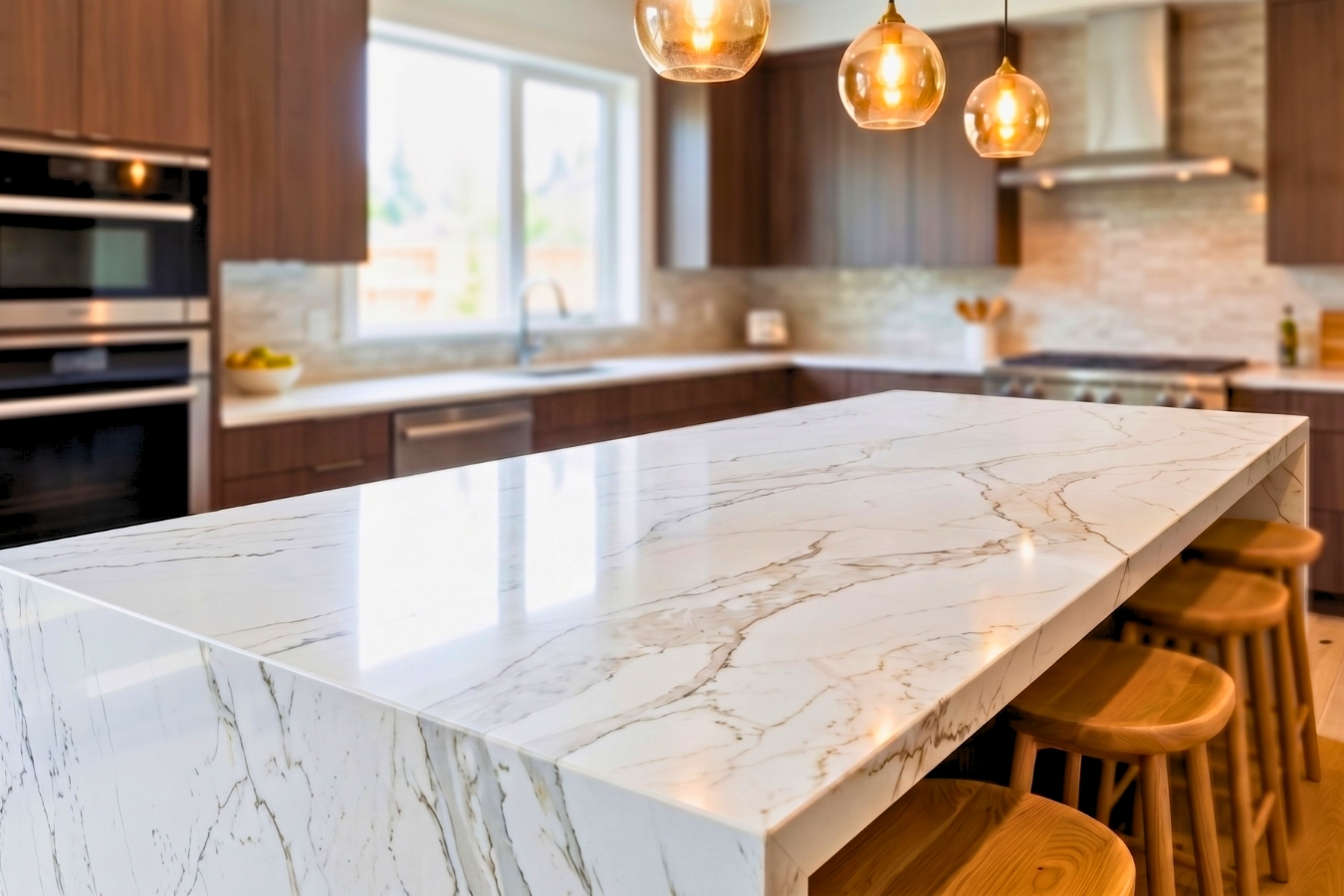 Luxury residential kitchen featuring a white quartz waterfall island with elegant gold veining; seamless mitered edge bonding achieved with Marktec color-matched adhesives for a flawless, high-end finish.