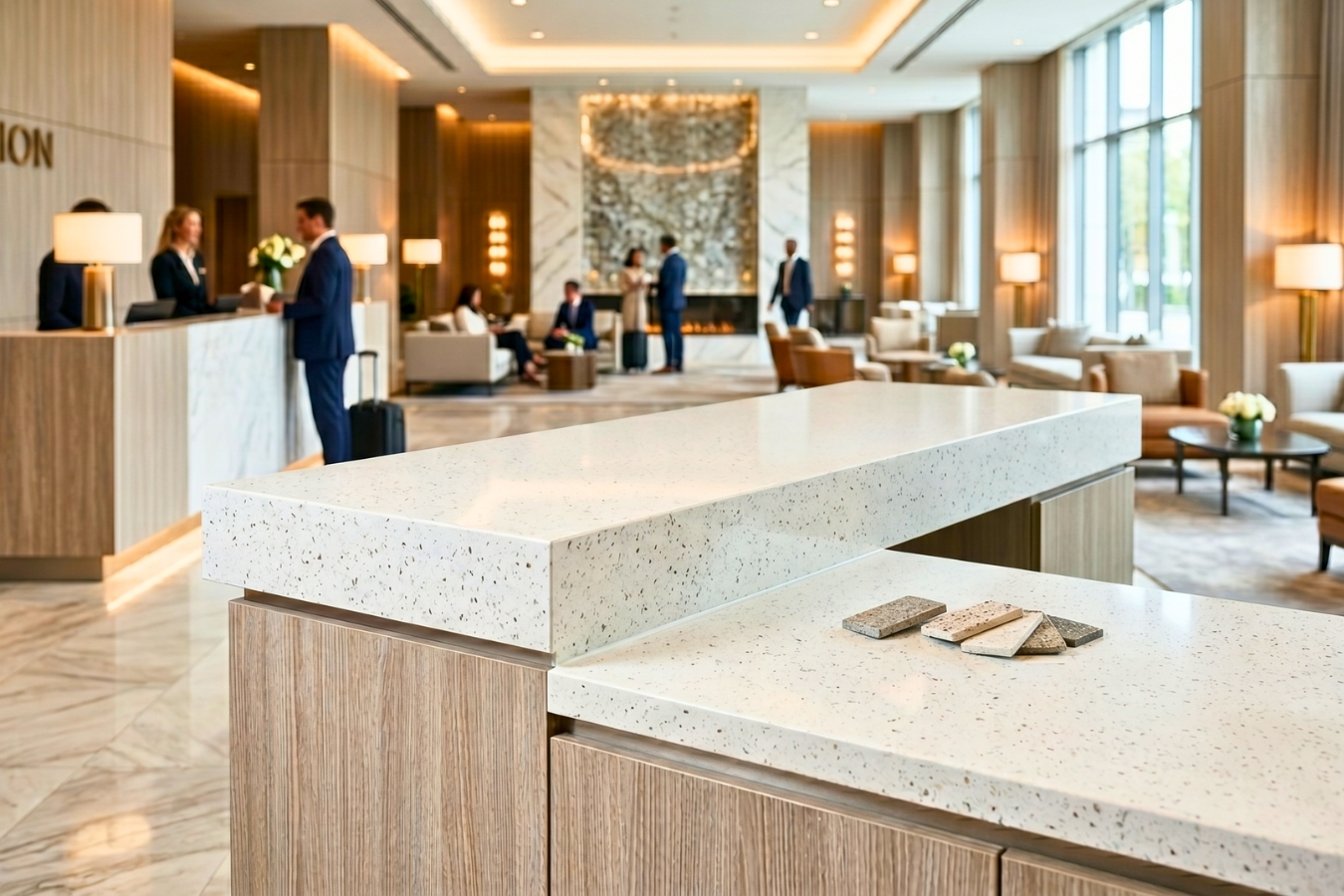Luxury hotel lobby featuring multi-tiered reception desks with premium white solid surface countertops; achieving seamless mitered edges and high-durability finishes using Marktec professional-grade adhesives.