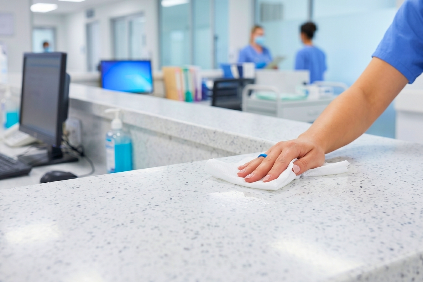 A healthcare worker sanitizing a non-porous solid surface countertop at a hospital nurses' station; demonstrating Marktec’s seamless, antimicrobial-friendly surfacing solutions for clinics and medical facilities.