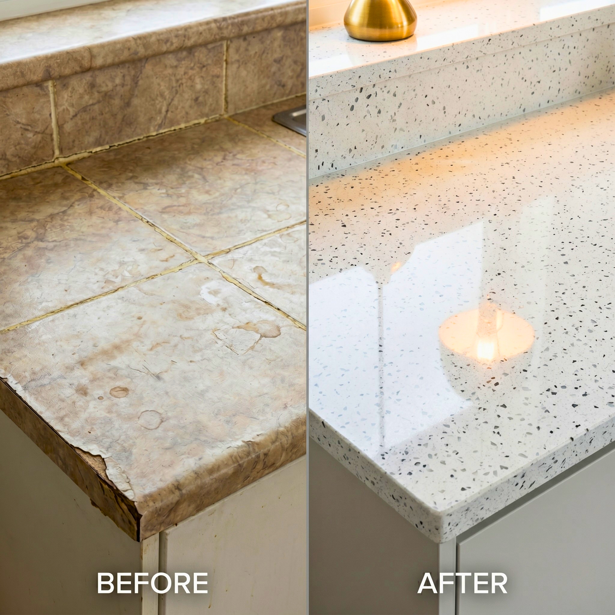 Countertop renovation before and after: Replacing old, cracked beige tiles with a modern, high-gloss white terrazzo solid surface countertop featuring Marktec decorative aggregate chips and seamless bonding adhesives.